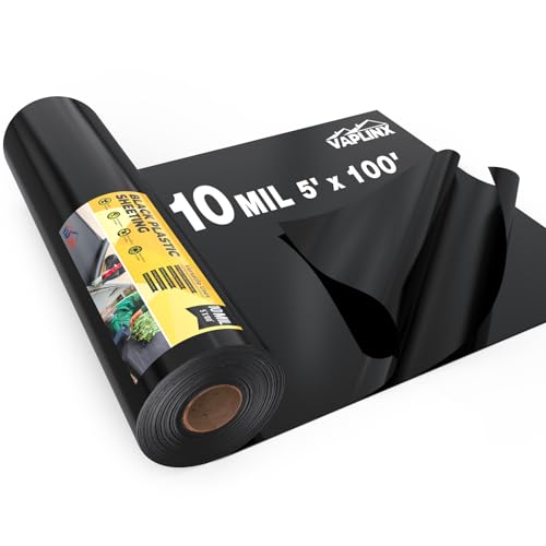 10 Mil Black Plastic Sheeting 5x100 FT UV Protection Poly Sheeting Polyethylene Film Black Plastic Rolls for Garden Crawl Space Vapor Barrier Construction Landscaping Weed Moisture Control