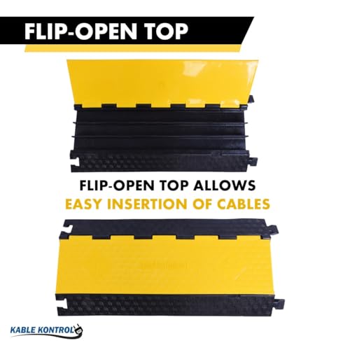 Image of Kable Kontrol Atlas Cable Protector Wire Ramp - 3 Channel - 1 Pc - 35 inch Long Black & Yellow - 24000 Lbs Load Capacity - Rubber Speed Bump Wire Protector Cord Cover - CP9973