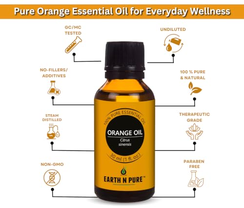 Image of Earth N Pure Orange Oil 100% Pure & Natural | Sweet Orange Essential Oil for Diffuser, Aromatherapy, Skin Care, Hair Care & Cleaning |for Fresh Mood & Home Fragrance | Undiluted Therapeutic Grade - 30ml