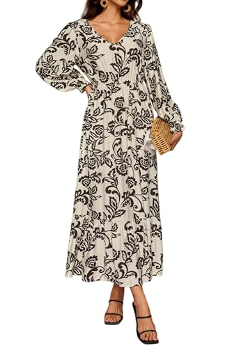 Ystguic Women's Long Sleeve Maxi Floral V Neck High Elastic