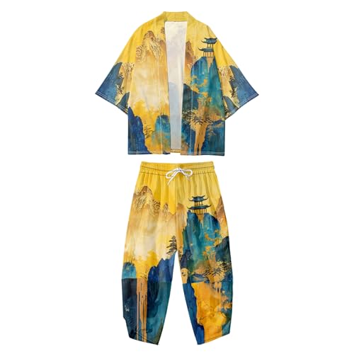 Image of DOSLAVIDA Men's Japanese Kimono Jacket Set Stylish Open Front Coat With Shorts Chinese Style Printed Cardigan Suit