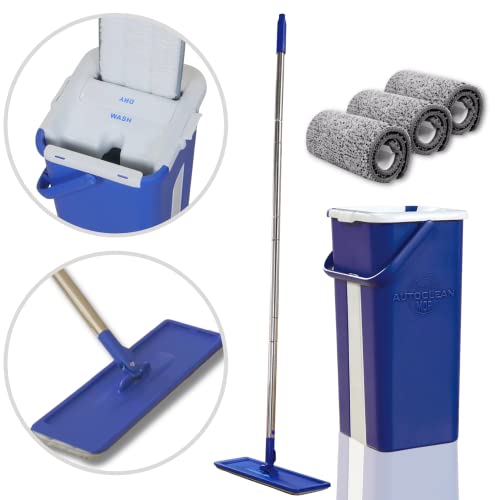 STARLYF AutoClean Mop + 3 Chiffons - Système de Nettoyage avec Balai et Seau autossècheur, 3 balais en Microfibre et Un Seau à Deux Compartiments (Sec et humidité) (3 Chiffons en Microfibre)