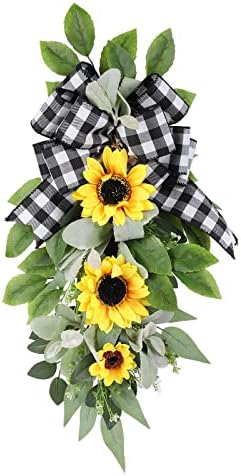 Sunflower Swag for Front Door, Large Spring Summer Door Swag Wreath, Sunflower Buffalo Check Decor, Welcome Wreath for Porch Farmhouse