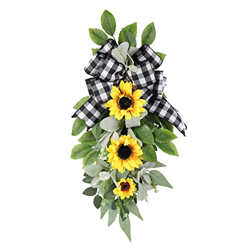 Sunflower Swag For Front Door, Large Spring Summer Door Swag Wreath, Sunflower Buffalo Check Decor, Welcome Wreath For Porch Farmhouse #TOP3