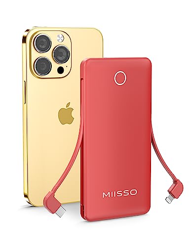 miisso 10000mah Slim Portable Charger with Built in Cable, Power Bank Travel Phone Charger External Battery Pack for Phones, 4 Output USB C Cords Clutch Charger Compatible with iPhone, Samsung, Red
