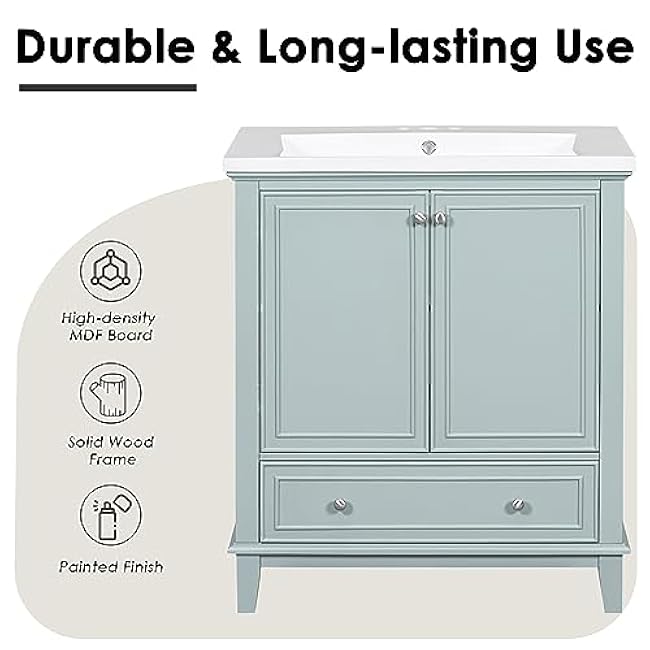 30 Green Bathroom Vanity with Sink Combo - Multi-Functional Cabinet with Doors & Drawer, Solid Frame & MDF Board for Compact Spaces