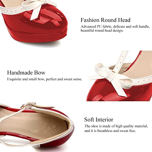 Fashion Women T-Strap High Heels Bow Platform Round Toe Pumps Patent Leather Summer Sweet Shoes（Red，9） #TOP3