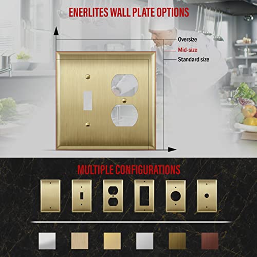 Image of ENERLITES Combination Toggle Switch and Duplex Receptacle Metal Wall Plate, Stainless Steel 201 Outlet Cover, Corrosion-Resistant, Mid-Size 2-Gang 4.88 inch x 4.92 inch, 771121M-BB, Brushed Brass