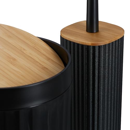 Relaxdays Badezimmer Set, 6-teilig, Badaccessoires Kunststoff & Bambus, komplettes Badzubehör-Set, Badset, schwarz/Natur