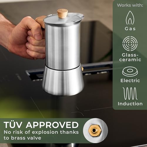 Image of WALDWERK Stainless Steel Moka Pot (10oz) - Toxic Free Moka Pot with Oak Wood Handle - Stovetop Espresso Maker - Italian Coffee Maker for Stovetop and Induction