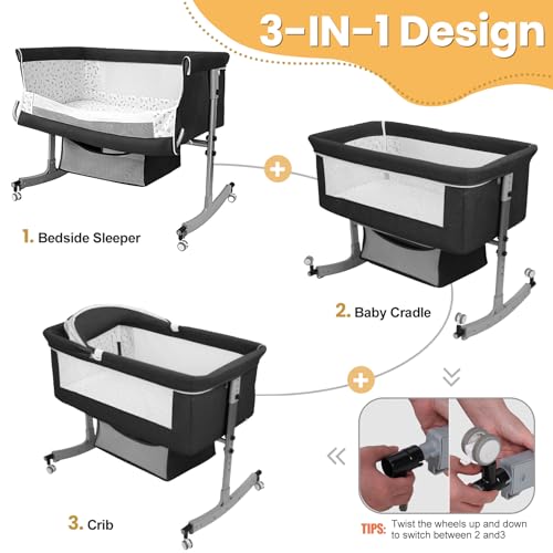 sxvbdway Bedside Bassinet Baby Crib, 3-in-1 Bedside Crib with Storage Basket, 6 Levels Height Adjustable Baby Bassinet with Mosquito Net and Wheels, Portable Newborn Infant Cradle Black - Thumbnail 3