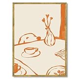Gold Framed Sneaky Dog Breakfast Wall Art Abstract Funny Scandi Diner Canvas Posters Minimalist Orange Painting Prints Animal Sketch Pictures Artwork for Kitchen Nursery Coffee Bar Decor 8x12inch