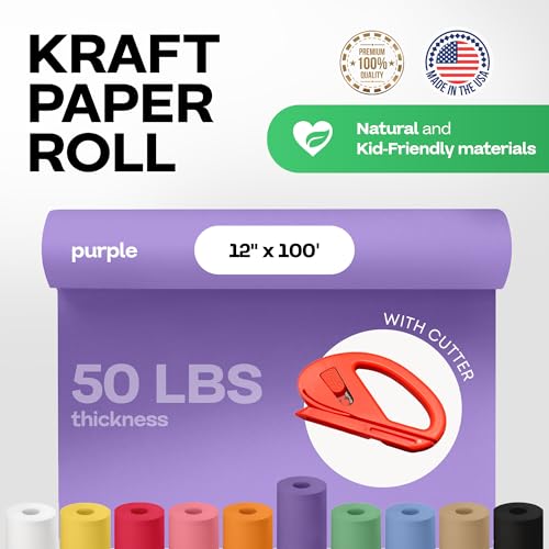 Image of Purple Kraft Paper Roll 12 inch x 1200 inch (100 feet) with Cutter - USA-Made Wrapping Paper for Packing, Moving, Shipping & Crafts /Arts - 100% Recyclable Natural Craft Material by IDL Packaging