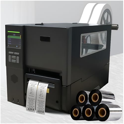 Impresora de transferencia térmica, ancho imprimible de 10-114 mm, resolución de 600 DPI, conectividad serial RS232/USB, memoria flash de 512 MB