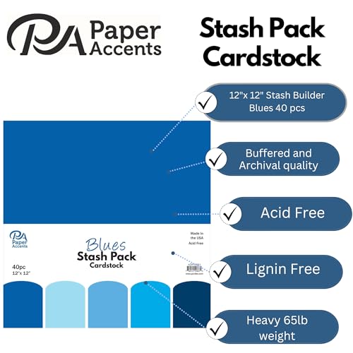 PA Paper Accents Stash Pack Cardstock Pack 12\" x 12\" Blues colored cardstock paper for card making, scrapbooking, printing, quilling and crafts, 65lb., 40 pieces - Thumbnail 2