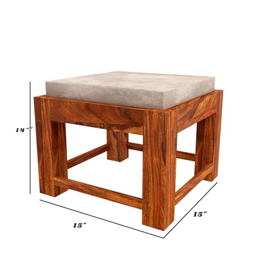 Image of Solid Sheesham Wood Coffee Table with 4 Stool | Center Table with 4 Stools for Living Room | Rosewood Teapoy Table with Cushioned Stool (Ornate,Honey Finish)