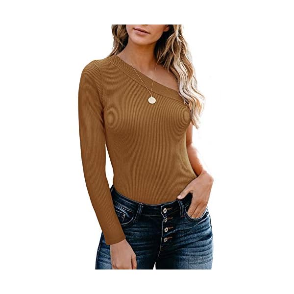 REORIA-Womens-Sexy-One-Shoulder-Short-Sleeve-Knit-Ribbed-Top-Bodysuits Long Sleeve Bodysuit Women Sexy One Shoulder Off The Shoulder Body Suits Knit Ribbed Stretchy Leotard Backless Bodysuits Brown Medium
