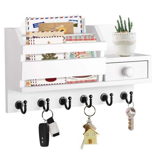 VISV-Key-Holder-Wall-Mount-Wooden-Key-Mail-Holder-with-Drawer-Key-Organizer-Mail-Sorter-with-6-Key-Hooks-Key-Rack-with-Shelf-for-Entryway-Doorway-Hallway-White