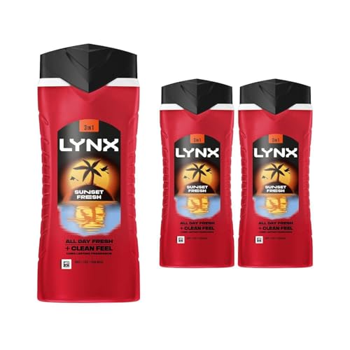 Image of Lynx Body Wash Multipack Sunset Fresh 3-in-1 Men's Shower Gel for Hair, Face & Body 12H Sweat and Odour Protection Energising Mango and Mandarin Scent 500ml, 3 Pack