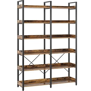 Seventable Bookshelf 6 Tier with 4 Hooks, 67” Industrial Wooden Bookcase, Vintage Storage Rack with Open Shelves, Rustic Standing Bookshelves Metal Frame 43.3” Wide Display Rack, Rustic Brown