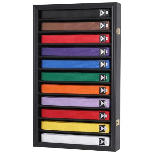 DisplayGifts Martial Art Karate Taekwondo Belt Acrylic Door Display Case Rack Wall Cabinet with Door Prevent Dust Black