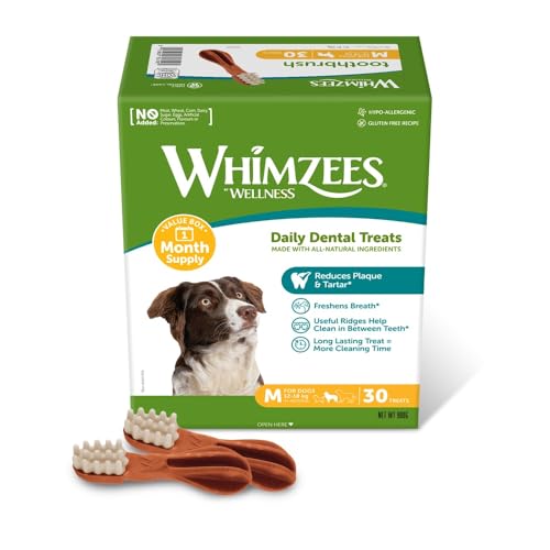WHIMZEES – Snacks Dentales Naturales sin Cereales - para Perros Medianos – Cepillos de Dientes Masticables – Mejora la Higiene Bucal – 30 Unidades
