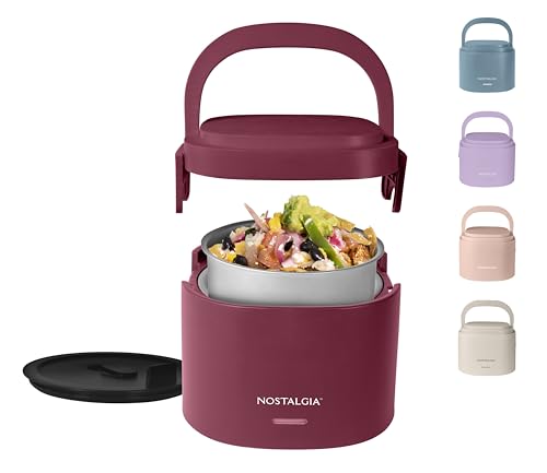 Nostalgia 20-Oz Heated Electric Lunch Box – Portable Food Warmer for Office, Travel, & Car - Perfect for Soup, Pasta, & Light Meals– Leak-Proof Lid, Foldable Handle, Detachable Cord – Cranberry