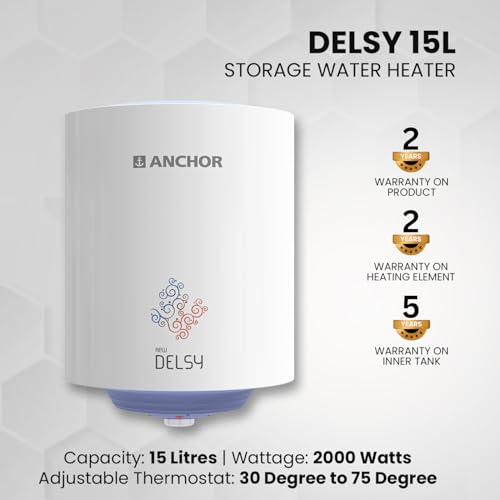 Image of Anchor by Panasonic New Delsy Geyser 15 litre, 5 Star Rated Storage Water Heater with Copper Heating Element, Powerful 2000W Heating Element (White, 2 Yrs Warranty, Free Installation)