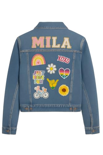 Customized Blue Denim Jacket with Name, Colorful Fun Patches, Personalized Outerwear Jacket for Casual or Special Occasions - Unique Gift for Birthdays & Everyday Wear (Adult L/XL)