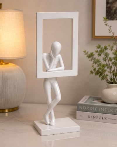 Image of Uptrix Decorative Modern Abstract Thinker Sculpture with Frame, Minimalist Black Resin Decorative Statue, Contemporary Tabletop Home Decor Accent for Living Room. (White)