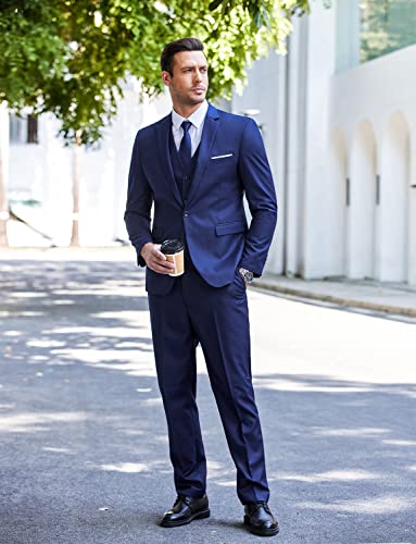 Coofandy Men's 3 Piece Slim Fit Suit Set One Button Jacket Blazer Vest Pants Set Wedding Formal Prom Tuxedo Suits Navy Blue #TOP1