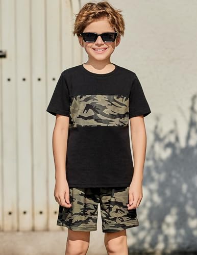 Image of Arshiner Boys' 2-Piece Cotton Outfit Color Block T-Shirt and Shorts Set Summer Camo Clothes for Kids 5-14 Years