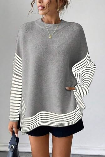 CHARTOU Women Contrast Stripe Sweater Casual Crewneck Batwing Long Sleeve Pullover Sweater Jumper Tops2