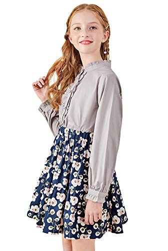 Image of SOLOCOTE Girls Blouse Ruffle Long Sleeve Button Down Shirts Princess Cotton Loose Soft Tops Spring and Summer, 190903, Gray, 13-14Y