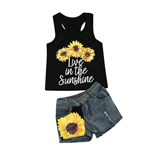 Fossen Ropa Bebe Niña Verano Camiseta de Garland con Carta y Vaqueros Corto de Girasol para Recien Nacido 1-4 años (18 Meses, Negro 02)