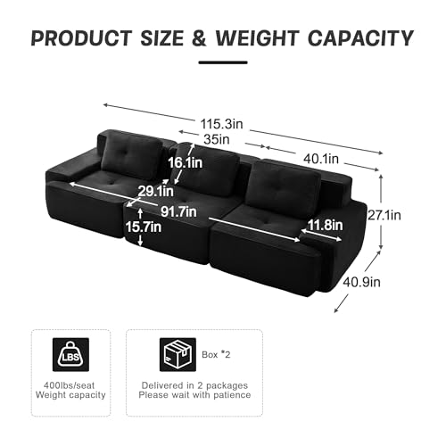 Image of 117 inch Oversized 3 Seater Modular Boneless Couch, Durable Corduroy Fabric, Deep Seat Cloud sectional Sofa with Buckle Connection and Tufted Detail, No Assembly, Anti Slip, Black