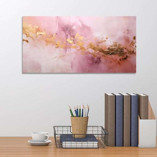 Art mural abstrait sur toile rose avec cadre marbre moderne 71x143cm