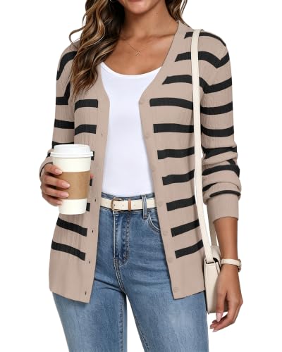 Image of YUNDAI Womens Stripe Cardigan V Neck Long Sleeve Button Down Knit Sweater