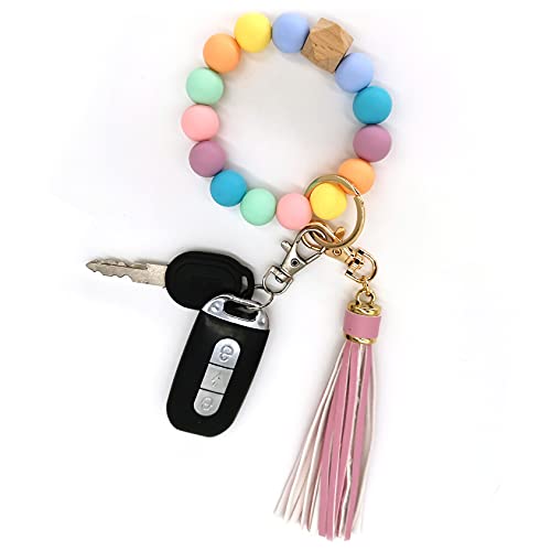 Redapric Keychain Beaded Bracelet For Women,Silicone Car Key Ring Wristlet With Soft Nylon Tassel，Beads Bangle Key Chain For Gift (Pink) #TOP28