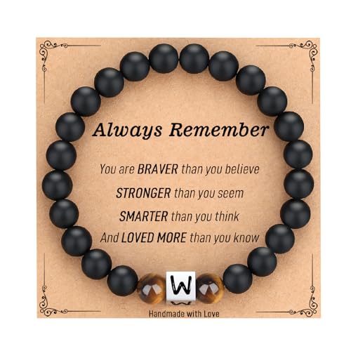 TONY & SANDY Bracelet initiale pour homme, adolescent, garçon, cadeau de remise de diplôme pour lui, lettre de A à Z personnalisée en pierre naturelle onyx noir œil de tigre, 7.5 Inches, Acier