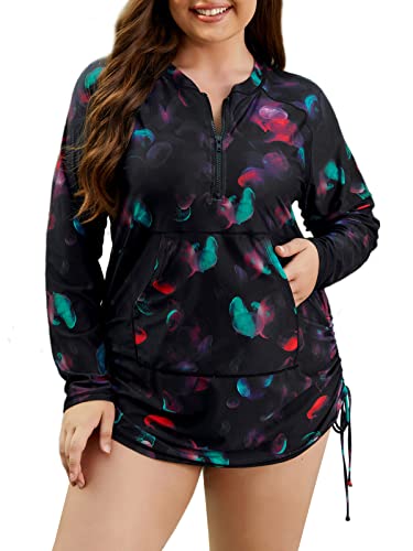 Halcurt Plus Size Rash Guard for Women UPF 50+ Zip Drawstring Ruched Pocket Top