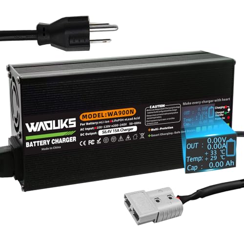 58.4V 15A Lifepo4 Battery Smart Charger Usd for 16S 48V Lifepo4 Battery with Cooling Fan and Gray 50A Anderson Output and OLED Display Fast Charger