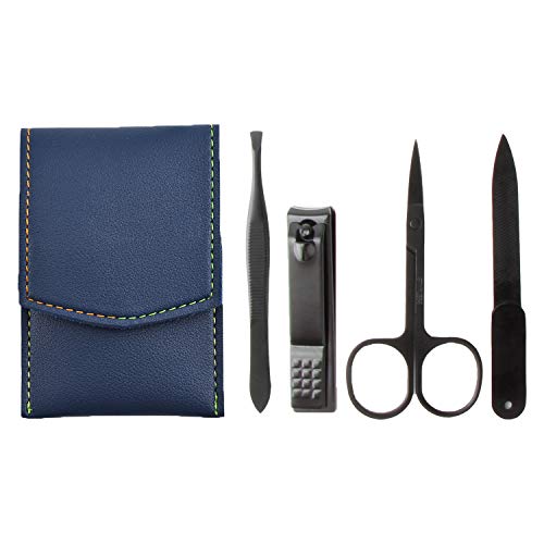 CosySun Nagelknipser-Set für Männer Frauen Edelstahl-Nagelschneider Reise-Pediküre-Set Fingernagelknipser Nagelfeile Scharfe Pinzette Maniküre Schere mit tragbarem Lederetui 4er-Set (blau) Cover