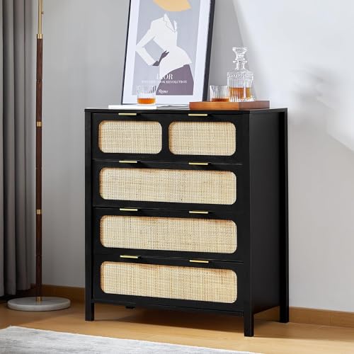 Cómoda moderna de ratán de 6 cajones con asas de metal, cómoda de almacenamiento de madera de granja en color nogal natural para dormitorio, sala de estar, muebles de entrada y pasillo