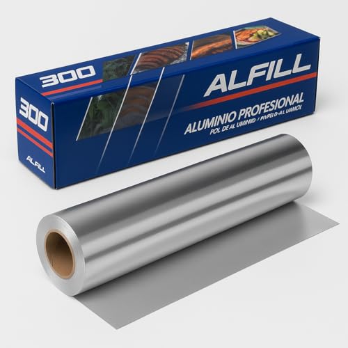 Papel Aluminio Industrial Profesional - Rollo Plata Grande de 300 mm y 13 Micras - Papel con Sierra para Corte, para Cocina, Alimentación, Catering o Peluqueria (1 Unidad)