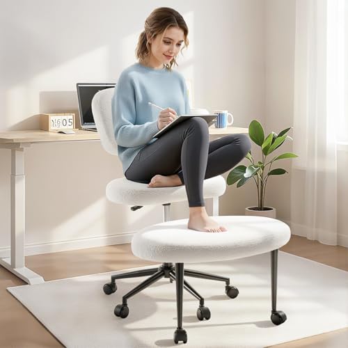 PRETZI Cross Legged Office Chair, ADHD Chair with Back Support and Wheels, Height Adjustable Meditation Chair, Swivel Criss Cross with Footrest, Ergonomic Kneeling Chair for Yoga, Teddy Fabric