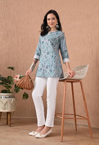 Image of Amazon Brand - Tavasya Women Floral Printed Trendy Short Kurti | Embroidered Ethnic Wear | Regular Fit | Tunic Shirt