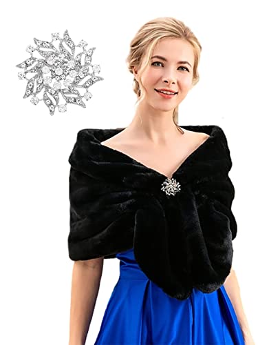 JEAIRTS Women's Fur Shawls and Wraps Bridal Faux Fur Stoles Scarf with Brooch Wedding Fur Shrugs for Brides and Bridemaids