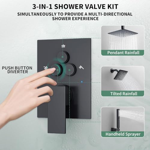 SunCleanse Sistema de Ducha 3 Vías Negro Mate con Ducha de Mano para Pareja | Cabezal de lluvia de 10", Rociador de pared de 6", varita de mano, desviador de botón, válvula anti-quemaduras, boquillas de limpieza fácil miniatura 3