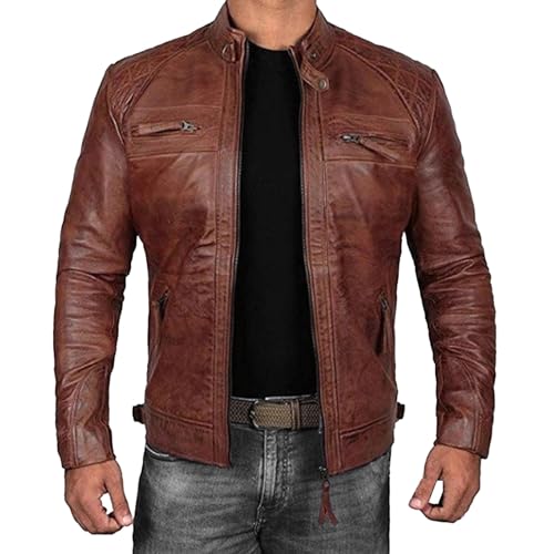 Chaqueta de motociclista para hombre, de piel cordero auténtica, estilo Cafe Racer, color marrón, talla pequeña.
